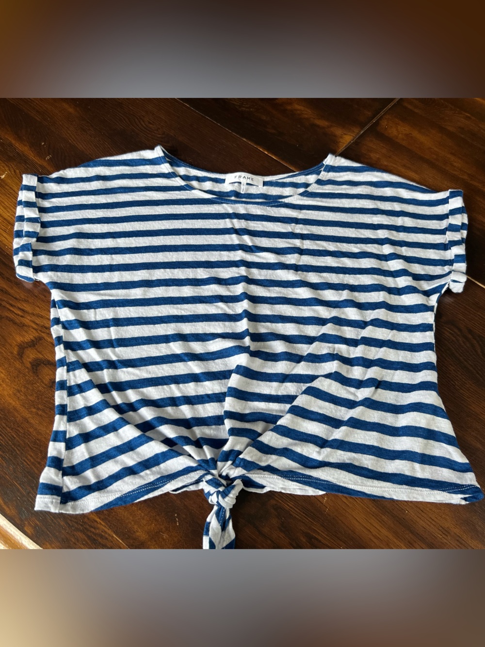 Frame 100% Linen Top Women’s L White Blue Stripe Short Sleeve Coastal Beach
